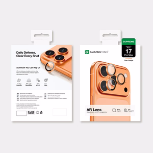 AmazingThing objektyvo stiklas iPhone 17 Pro / Pro Max – su oranžiniu rėmeliu