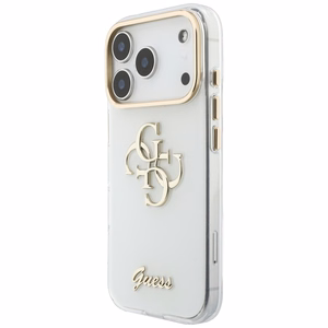 Guess IML 4G Script Metal dėklas, skirtas iPhone 18 Pro / 17 Pro, baltas