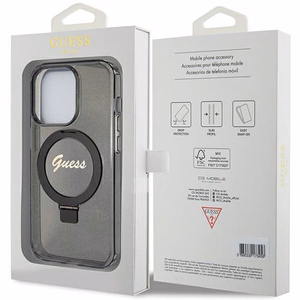 Guess dėklas telefonui su stovu Ring Stand Script Glitter magnetinis iPhone 15 Pro Max - juodas