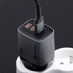 FORCELL F-ENERGY GaN III VT-37 kelioninis įkroviklis su skaitmenine indikacija Type C + USB A PD QC4.0 SAM SFC2.0 3,45A 70W pilkas