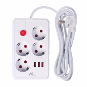 Maclean MCE393 W – ilgintuvas su lizdais, 4 lizdai + 3×USB, 110–240 V AC, 50/60 Hz, 2,1 A, iki 2500 W, 3 m, baltas