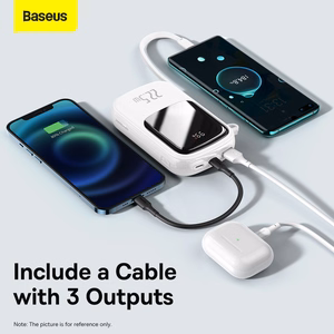 Baseus Qpow su skaitmenine indikacija išorinė baterija su greitu įkrovimu 20000mAh 22.5W QC/PD/SCP/FCP su įmontuotu USB-C kabeliu balta