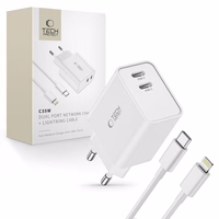 Tech-Protect C35W 2x USB-C PD 35W sieninis įkroviklis su USB-C / Lightning kabeliu - baltas