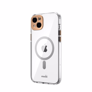 Moshi iGlaze dėklas, skirtas iPhone 14 Plus, suderinamas su MagSafe, skaidrus su „Sunset Gold“ spalvos detalėmis