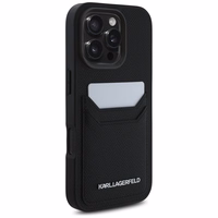 Karl Lagerfeld HC Grūdinto PU dėklas su kortelių skyriumi ir metaliniu Elong iPhone 16 Pro - juodas