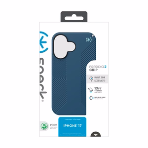 Speck Presidio2 Grip MagSafe dėklas, skirtas iPhone 17, „Deep Sea / Silver Metallic“ spalvos