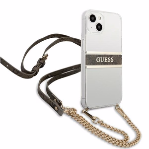 Guess GUHCP13SKC4GBGO iPhone 13 mini 5.4" skaidrus kietasis dėklas 4G rudos spalvos dirželiu ir auksine grandinėle