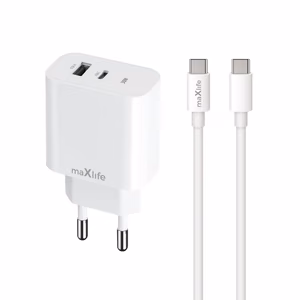 "Maxlife MXTC-06-30AC PD QC įkroviklis 1x USB-C 1x USB 30W baltas + USB-C - USB-C kabelis 60W