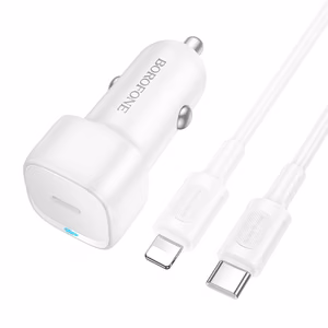 Borofone Automobilinis įkroviklis BZ34A Cloud - Type C - PD 20W su Type C iki Lightning kabeliu balta