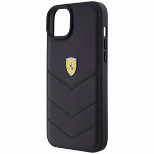 Ferrari FEHCP15MRDUK dėklas telefonui iPhone 15 Plus 6.7" juodas/juodas kietas su dygsniuotu metaliniu logotipu