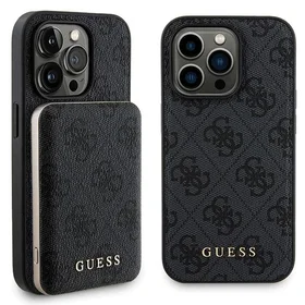 Guess 4G Metal Logo dėklas telefonui rinkinys iPhone 14 Pro + 5000mAh Magnetinė išorinė baterija - juoda