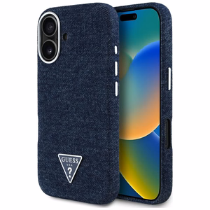 Guess Džinsinis trikampio logotipas MagSafe dėklas iPhone 16 - mėlynas