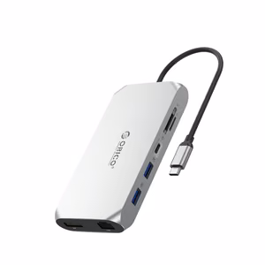 Orico XCR 12 viename USB-C prijungimo stotelė 2x USB-A 3.1 1x USB-A 2.0 1x USB-C PD 100W 1x USB-C 3.1 2x HDMI 2.0 4K 60Hz 1x DisplayPort 1.4 4K 60Hz 1x SD 3.0 1x microSD 3.0 1x RJ45 Gigabit Ethernet 1x garso CTIA 3.5 mm - sidabrinė