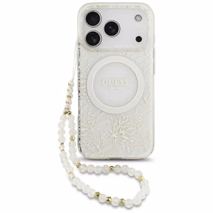 Guess IML Flowers Allover Electroplated MagSafe чехол с жемчужным ремешком для iPhone 18 Pro / 17 Pro — цвет: белый