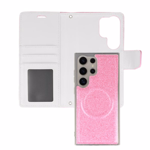 Glitter Magsafe knygos stiliaus dėklas Samsung Galaxy S23 Plus rožinis