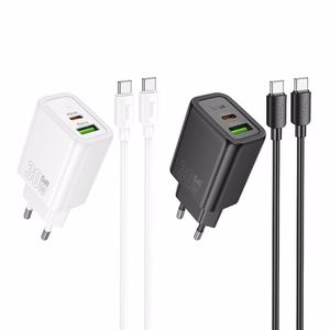 Įkroviklis telefonui Hoco USB A + USB C QC3.0 PD 3A 30W + kabelis USB C į USB C N63 juodas