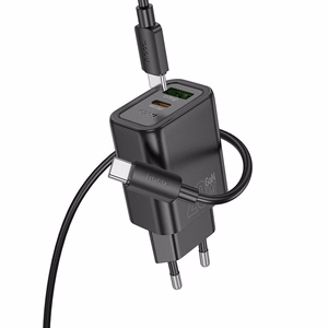 Įkroviklis telefonui Hoco USB A + USB C QC3.0 PD 3A 20W + kabelis USB C į USB C N61 juodas