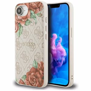 Оригинальный чехол GUESS 4G Flowers Print MagSafe для iPhone 17e/16e розовый