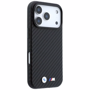 BMW dėklas, skirtas iPhone 18 Pro Max / 17 Pro Max: (Carbon Metal Logo), suderinamas su MagSafe, spalva – juoda