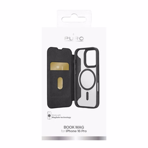 Puro Book Mag Magnetinis odinis dėklas su atvartu ir kortelių skyriumi telefonui iPhone 16 Pro - juodas