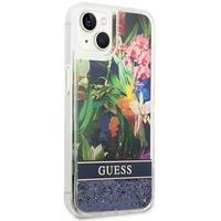 Guess GUHCP14SLFLSB iPhone 14 6.1 "mėlynas kietas dėklas Flower Liquid Glitter