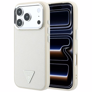 Guess Grained Triangle Logo MagSafe dėklas iPhone 18 Pro / 17 Pro – smėlinis