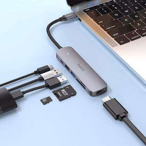 Adapteris Hoco HB28 Type-C Multi-Function Converter HDMI+USB3.0+USB2.0+SD+TF+PD pilkas
