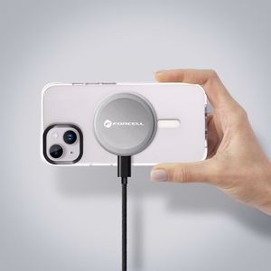 FORCELL F-ENERGY Smart Charge Qi2 15W belaidis įkroviklis su 150cm nuimamu kabeliu suderinamas su MagSafe sidabrinis