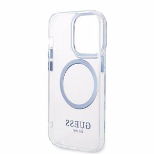 Guess GUHMP14XHTRMB iPhone 14 Pro Max 6.7" mėlynas kietas dėklas su metaliniu kontūru, magnetinis (MagSafe)