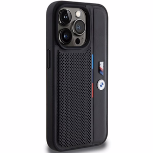 BMW perforuotas trispalvės linijos dėklas telefonui iPhone 15 Pro - juodas