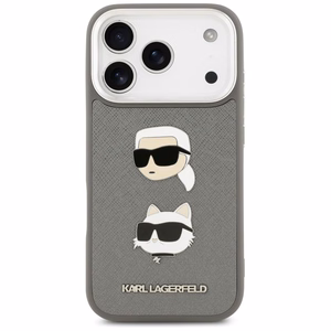 Karl Lagerfeld FW Grained Karl & Choupette Heads Pins & Logo dėklas telefonui iPhone 17 Pro - pilkas