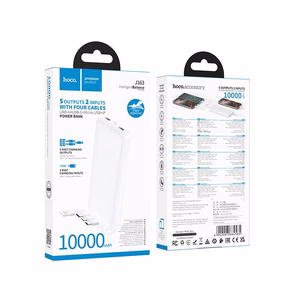 Išorinė baterija Hoco 10000 mAh 2A su keturiais integruotais laidais USB A + USB C + Lightning + Micro USB J163 balta