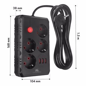 Maclean power strip, 4-socket extension cable + 3xUSB, 110-240V AC 50/60Hz, 2.1A max 2500W, 1.5m, black, MCE392 B
