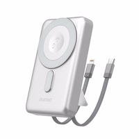 Dudao K29 10000mAh PD 20W Magnetinė išorinė baterija su metaliniu dėklu, stovu ir įmontuotais USB-C/Lightning kabeliais - sidabrinė