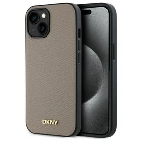DKNY Grained Metal Logo Magnetinis iPhone 15 dėklas - smėlio spalvos