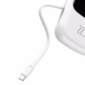 Baseus Qpow su skaitmenine indikacija išorinė baterija su greitu įkrovimu 20000mAh 22.5W QC/PD/SCP/FCP su įmontuotu USB-C kabeliu balta