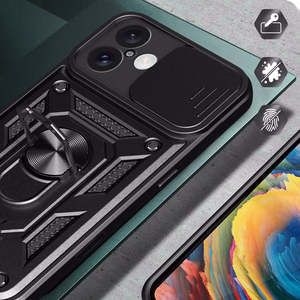 Hybrid Armor Camshield šarvuotas dėklas telefonui iPhone 16 Plus su kameros dangteliu ir stovu - juodas