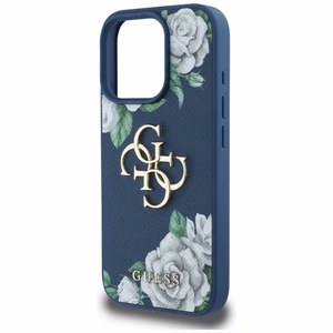 Guess Grained Roses Big 4G logo dėklas telefonui iPhone 16 Pro Max - mėlynas