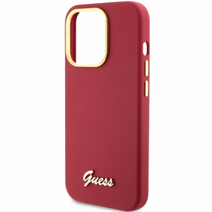 Guess Silicone Script Metal Logo & Frame dėklas telefonui iPhone 15 Pro - raudonas