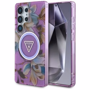 GUESS dėklas SAMSUNG S25 Ultra GUHMS25LHFLPEDU (Magnetinis IML metalinis blizgesys gėlių trikampis) violetinė