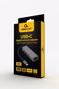 Gembird USB-C Gigabit tinklo adapteris su 3 prievadų USB 3.1 šakotuvu