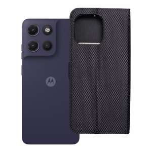 Atverčiamas 4Card RFID dėklas Motorola G17 su apsauga nuo vagysčių, iš technologinio audinio, juodas