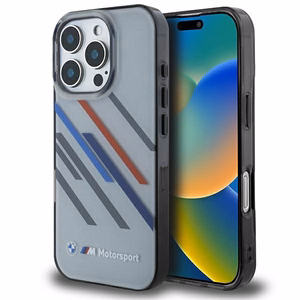 BMW Motosport IML atsitiktinės juostos iPhone 16 Pro dėklas - pilkas
