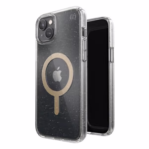 Speck Presidio Perfect-Clear with Glitter + MagSafe case for iPhone 15 Plus / 14 Plus, with Microban antimicrobial protection, Clear / Gold Glitter