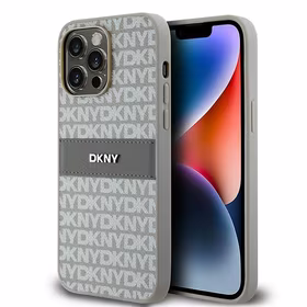DKNY odinis mono juostelės ir metalinis logotipas dėklas iPhone 14 Pro - smėlio spalvos