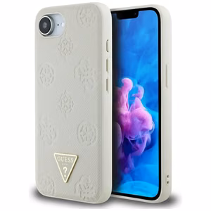 Оригинальный чехол GUESS Grained Hot Stamp Peony Triangle Logo MagSafe для iPhone 17e/16e бежевый