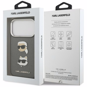 Karl Lagerfeld FW Grained Karl & Choupette Heads Pins & Logo dėklas telefonui iPhone 17 Pro - pilkas