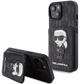 Karl Lagerfeld Saffiano Cardslots and Stand Monogram Ikonik Patch Dėklas telefonui iPhone 15 - juodas