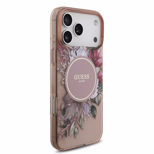 Dėklas Guess IML Flowers Strap MagSafe Apple iPhone 17 Pro Max rožinis