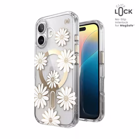 Speck Presidio Lux ClickLock & MagSafe - iPhone 16 dėklas (Sunshine Daisies / Clear / auksinis)